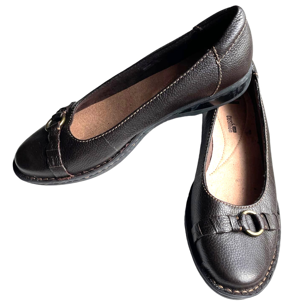 Clarks Collection Soft Cushion Brown Leather Slip On Flats Shoes Women's Sz 9